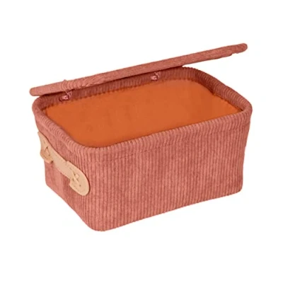 Image de WENKO panier de salle bain Anela avec couvercle, en velours côtelé doux 100 % polyester, poignée similicuir, pour ranger les accessoires la bain, 19 x 10 14 cm, vieux rose