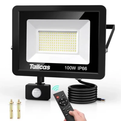 Image de Tailcas 100W Projecteur LED Exterieur Detecteur de Mouvement, IP66 Etanche Spot Extérieur avec Télécommande, 9000LM Eclairage pour Jardin, Patio, Garage