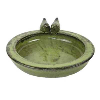 Image de Esschert Design FB489 Bain d&#039;oiseau Rond en céramique Vert 10,9 x 32,9 30,7 cm