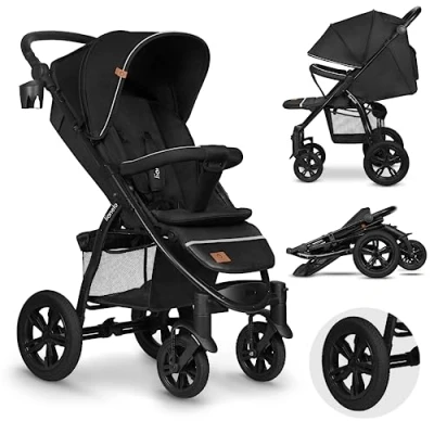 Image de LIONELO Annet Tour poussette canne universelle jusqu&#039;à 22 kg, réglage du dossier jusqu’à la position allongée, roues sans entretien, auvent imperméable XXL, ceintures à 5 points (noir)