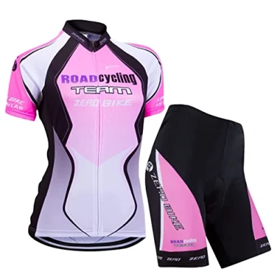 Image de ZEROBIKE Femmes Vélo Cyclisme Respirant à séchage Rapide Maillots Set, Jersey Cycle Manches Courtes Veste + 3D Coussin Rembourré Serré Shorts Pantalon (Violet Dégradé, L)