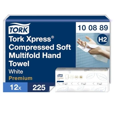 Image de Tork Xpress essuie mains interfoliés doux comprimés blancs H2, Premium, 2 plis, pliage en Z, absorbants, 12 x 225 mains, 100889