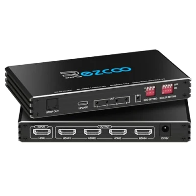 Image de 4K 120Hz Splitter HDMI 2.1 Extracteur Audio 1 entrée 4 Sorties SPDIF Optique et stéréo 8K 60Hz VRR ALLM HDCP2.3 HDR10 UHD Dolby Vision Atmos Scaler EDID 1080P pour PS5, SkyQ, Xbox,NVIDIA