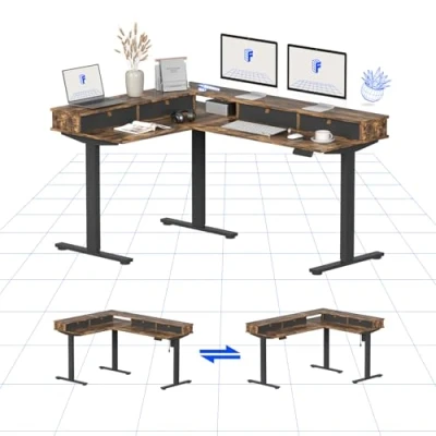 Image de FLEXISPOT Bureau Assis Debout avec Tiroir 160 * 120, en L Réglable Hauteur Conception Flexible et Espace de Rangement, d&#039;angle Électrique (Marron)