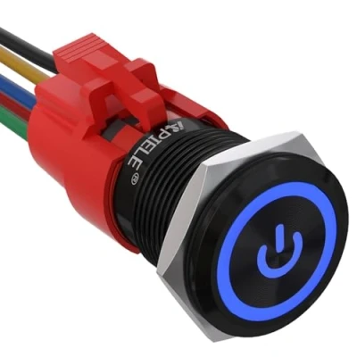 Image de APIELE Bouton poussoir de verrouillage 19 mm 12 V DC 5 A en alliage d&#039;aluminium avec symbole puissance LED étanche Interrupteur à bouton(coque noire/rouge)