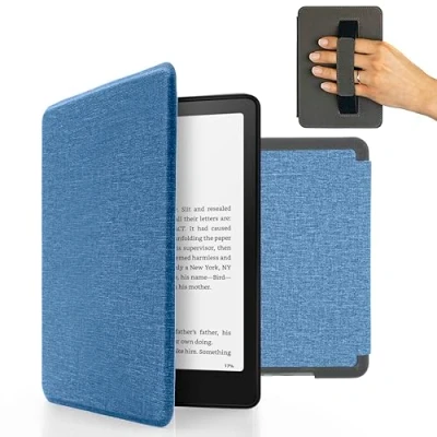 Image de MyGadget Housse pour Kindle Paperwhite 12e Génération [ 2024 SA569P 7 Pouces ] Etui Nylon Poignée élastique Flip Case Tissu Cover Bleu Clair