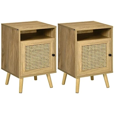 Image de HOMCOM Lot de 2 Tables Chevet Table Nuit avec Placard Porte cannage et Niche Design Vintage 39 x 35 60 cm