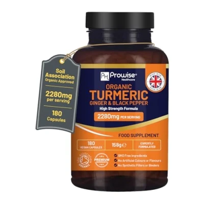 Image de curcuma bio 2280 mg (haute résistance) avec poivre noir et gingembre 180 capsules de végétaliennes ingrédient actif curcumine I UK fabriqué par Prowise Healthcare
