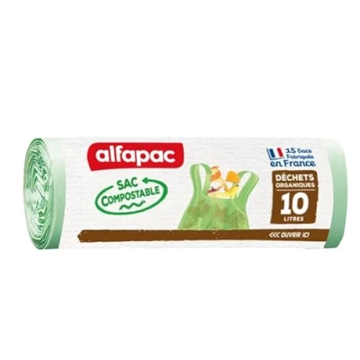 Image de Alfapac 15 sacs poubelle 10L compostables à poignées fabriqués en France 100% compostable