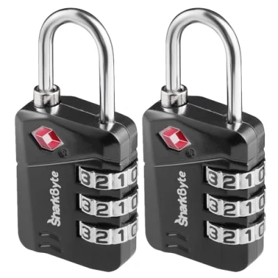 Image de SharkByte Lot de 2 cadenas à combinaison approuvés par la TSA, sécurité voyage 3 cadrans pour valises, sacs dos, voyage, petits code
