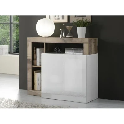Image de Vente unique Buffet SEFRO 2 Portes et 3 niches Blanc laqué chêne