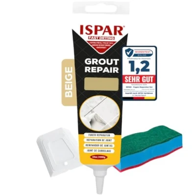 Image de ISPAR Kit de réparation joints pour carrelage avec spatule et éponge, mortier carrelage, mastic renouveler les joints, à séchage rapide (Beige)