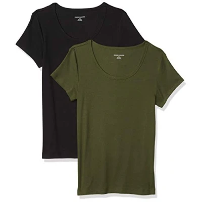 Image de Amazon Essentials T Shirt Ajusté à Manches Courtes et Encolure Dégagée Femme, Lot de 2, Vert Olive Foncé/Noir, XL