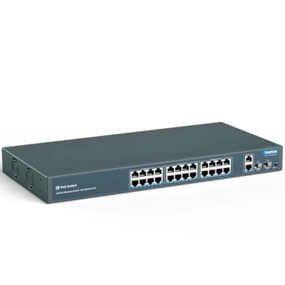 Image de YuanLey 24 Port PoE Switch avec 2 Gigabit Ethernet Uplink SFP, 400W PoE+ 802.3af/at, Non Géré Commutateur Réseau AI Watchdog, VLAN, Extension 250m, Montage en Rack Plug and Play