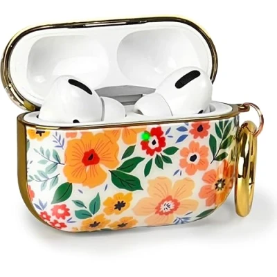 Image de MyGadget Coque [ Motif Floral ] Compatible avec Apple Airpods Pro (2019) Boîtier Recharge à Induction Case Mousqueton &amp; LED Visible Étui Coloré