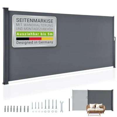 Image de Juskys Store latéral 200 x 500 cm Extensible et Opaque, Brise Vue pour Balcon, terrasse Jardin, Auvent avec Support Mural, Protection Solaire en Acier &amp; Tissu Impermeable Gris foncé