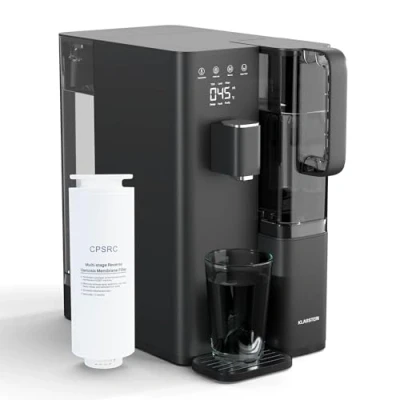 Image de filtre à eau Klarstein VitalPour osmose inverse 5 étapes, distributeur d&#039;eau chaude instantanée, températures, réservoir L &amp; carafe 1,5 L, installation facile, écran tactile, sécurité enfants