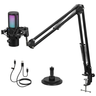 Image de Todeco USB Micro Gaming Kit, RGB Microphone à Condensateur avec 11 Lumières Variables, Bras Micro, Support Bouton Muet, réduction du Bruit, pour Jeux, Streaming, Compatible PC, Mac, PS4&amp;5