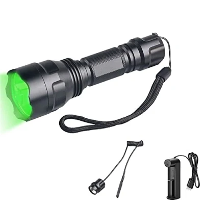 Image de Lampe Torche Verte pour la Chasse, WESLITE 1200 Lumens de Poche Chasse Tactique Militaire Rechargeable Prédateur Vert 1 Mode avec Pressostat et Chargeur Batterie