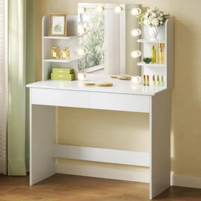 Image de WOLTU Coiffeuse avec Miroir LED à Luminosité Réglable, Table de Maquillage 2 Tiroirs et 4 Étagères Rangement, Meuble Chambre Style Moderme en Bois, Blanc, MB6096ws