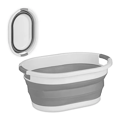 Image de Relaxdays Panier à Linge, 24 litres, en Plastique, Pliable, Rangement Peu encombrant, avec poignées, Gris et Blanc