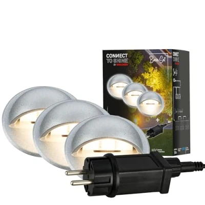 Image de BRILONER éclairage de jardin Connect to Shine 12V, lot 3 spots encastrables au sol avec latéral, kit base transformateur, IP65, lumière blanc chaud, 35x36 mm, argent