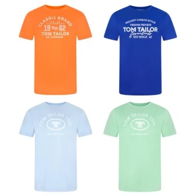 Image de TOM TAILOR Lot de 4 t shirts d&#039;été en coton pour homme Coupe droite Col rond Manches courtes Logo imprimé 100 % Noir, blanc, vert, rouge, bleu, gris, orange Tailles S, M, L, XL,