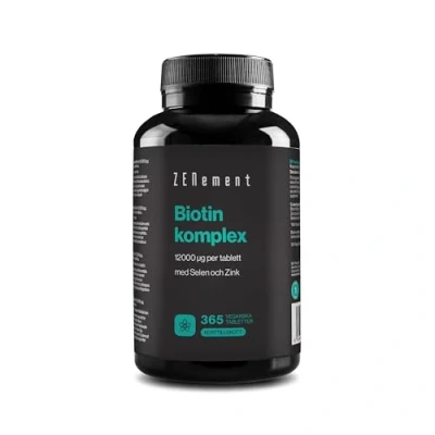 Image de Biotine 10000 mcg avec du Sélénium et Zinc, 365 Comprimés Stimule la Croissance de Peau, des Cheveux Ongles Végan, sans conservateur, allergène, OGM Zenement