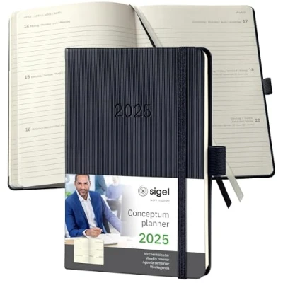 Image de SIGEL C2513 Agenda semainier 2025, A6, couverture rigide, noir Conceptum