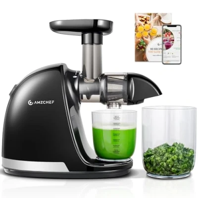 Image de AMZCHEF Extracteur Jus de Fruits et Légumes Presses agrumes à Froid sans BPA avec 2 Tasses Brosse Fonction Mastication Inversée pour Éviter les Blocages Noir Mat