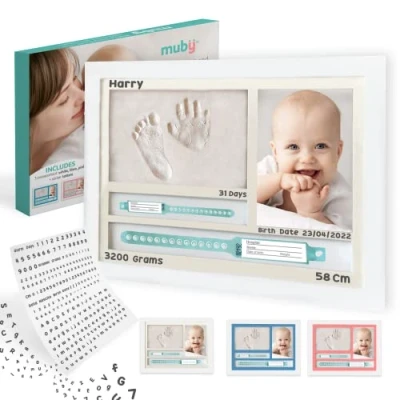 Image de MUBY Kit Cadre photo avec empreinte pieds et mains bébé Support De Bracelet Naissance, Cadeau Original Pour naissance Baptême bebe, Coffret garcon decoration chambre bebe