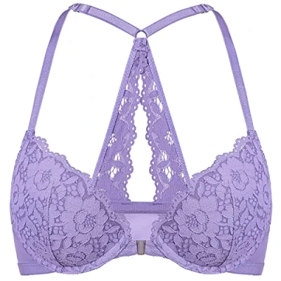 Image de DOBREVA Femme Soutien Gorge Fermeture Devant Push Up Decollete Plongeant avec Armature Dos Nageur Dentelle Nymphéa Violet 90E