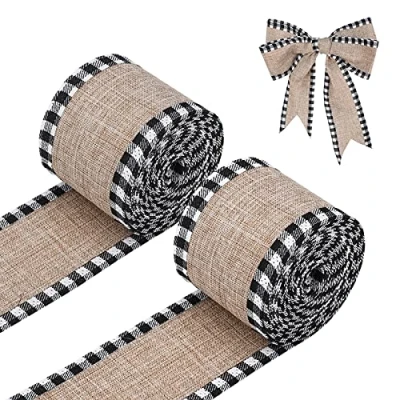 Image de LUTER 2 Rouleaux 5.5m Noir et Blanc Multicolore Lin Ruban à Carreaux en Toile Jute, pour l&#039;Artisanat Filaire Rubans Câblés Décorations Noël Fabrication de Bricolage Style Campagne Noud Papillon