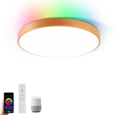 Image de Plafonnier intelligent LED WiFi Light avec Télécommande, Lampe en Bois de Hêtre Naturel Compatible Alexa Google Home, Lumière Changeante Couleur Dimmable pour le Salon la Chambre