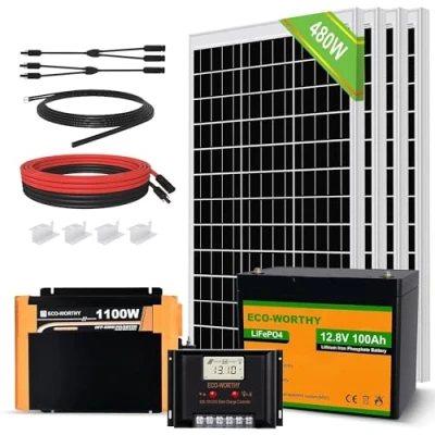 Image de ECO WORTHY 480 W 12 V 2 kW·h Système solaire complet pour îlot Kit indépendant du réseau : 4 pièces panneau 120 + régulateur de charge 60 A 1 batterie au lithium 100 Ah onduleur 1100