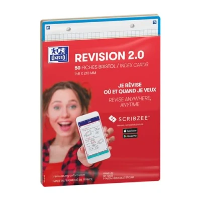 Image de OXFORD Revision 2.0 Lot de 50 Fiches bristol format A5 (14, 8 x 21cm) petits carreaux Recto/Verso Cadre Couleurs Assorties