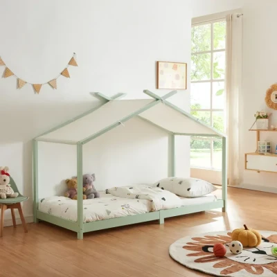 Image de [en.casa] Lit Enfant Forme Maison Cabane pour Chambre d&#039;enfant avec Sommier à Lattes et Toit Amovible Bois de Pin Polyester Coton Contreplaqué 90 x 200 cm Vert Menthe Blanc