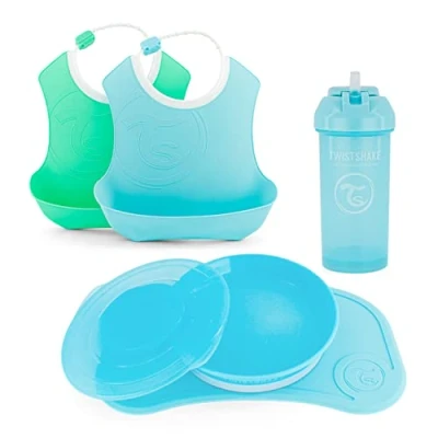 Image de Twistshake Ensemble de Vaisselle pour Bébé 5 Pièces 1x Set Table en Silicone Assiette Enfant 2x Bavoir 1xTasse à Paille 6+ Mois Bleu