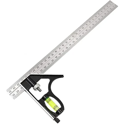 Image de Règle d&#039;angle de combinaison réglable en acier inoxydable avec niveau à bulle, Carrée Outils Mesure outil traceur pour bois mesures charpentier 45 / 90