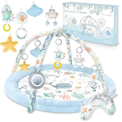 Image de Nukido Tapis D&#039;Éveil Pour Enfant Bébé De Jeu Avec Arches Amovibles 7 Jouets Multifonctionnels Coussin Mou Développement Sensoriel Coordination Oeil Main Pilable Bleu Ocean