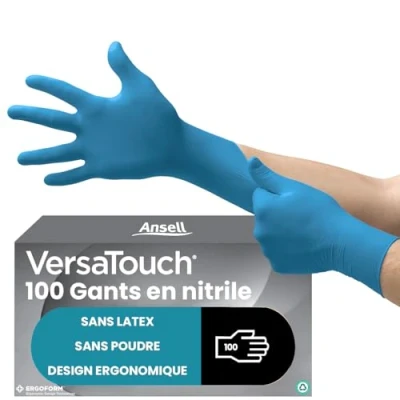 Image de Ansell VersaTouch 92 465 Gants Nitrile Jetables, Non Poudrés et Sans Latex, Chimique Mécanique, Jetables Alimentaires Bleu, Taille XL (100 Gants)