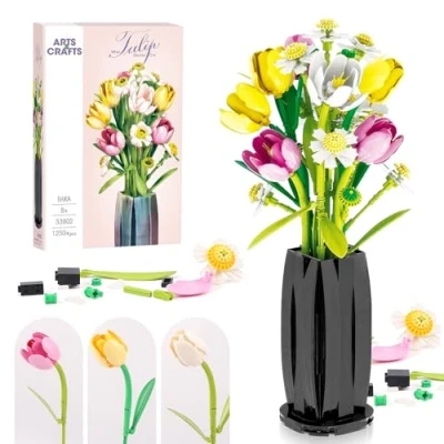 Image de Euakee Construction de Bouquet Fleurs, Ensemble Fleurs avec Vase, Amusez Vous à Construire des Artificielles, Cadeau (Tulipe)