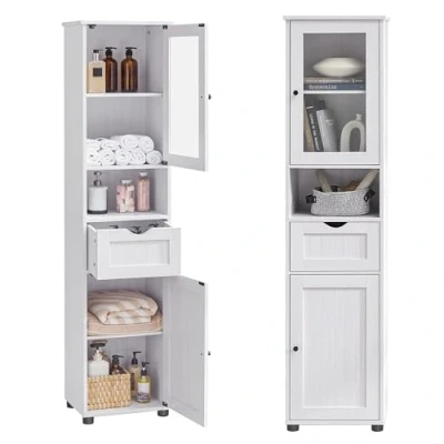 Image de VASAGLE Meuble Salle de Bain, Colonne, Rangement avec Étagères Réglables, Placards à Porte, Tiroir, Compartiment, Gain Place, Blanc Érable BBK163T44