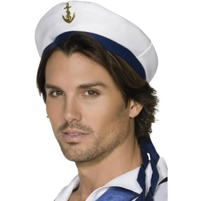 Image de Smiffys Chapeau de marin, blanc, avec bande bleue et ancre doée