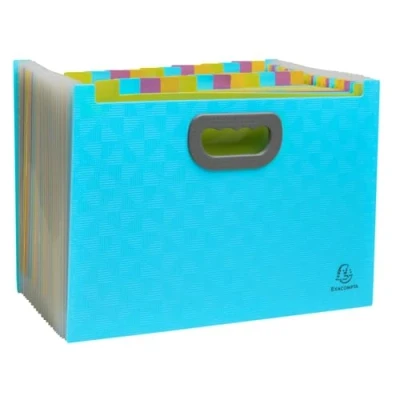 Image de Exacompta Réf. 55199E Carton de 4 Trieurs valisette extensibles ouverts avec poignées Pop&#039;Nco couverture en PP recyclé intérieur 24 compartiments dim 33x23,5x25 cm couleur cyan