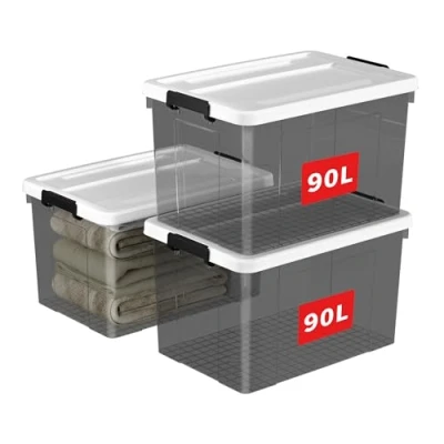 Image de Cetomo 90L * 3, boîte de rangement en plastique, fourre tout, récipient d&#039;organisation avec couvercle durable et boucles verrouillage sécurisées, Lot noir transparent boucle noire