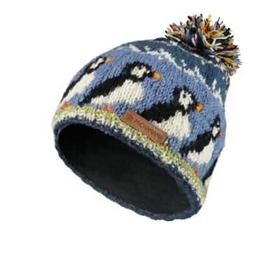 Image de Pachamama Bonnet à pompon en laine pour femme avec doublure polaire Multicolore taille unique Fait la main Commerce équitable, Bleu, noir, blanc, vert, orange,
