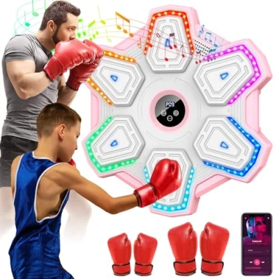 Image de Machine de Boxe Musicale, Appareil Électronique Portable Mural avec 2 Gants, 9 Vitesses et Modes D&#039;entraînement, 6 Éclairages Couleur, Comptage Automatique, Connexion Bluetooth (Rose)