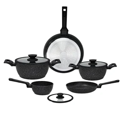 Image de Tognana Authentika,set de casseroles et poêles 8 pièces, 2 1 manche 24/28 cm, casserole 16 anses 20/24 couvercles 16/20/24 aluminium, noir