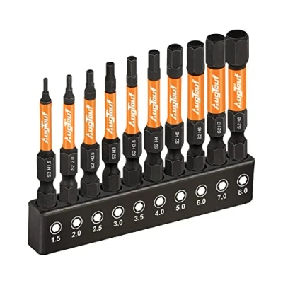 Image de toolant Lot de 10 forets pour clé Allen à tête hexagonale (métrique), tige 6,35 mm, embouts hexagonaux en acier S2, usinés CNC avec magnétisme, 5,1 cm long boîte rangement